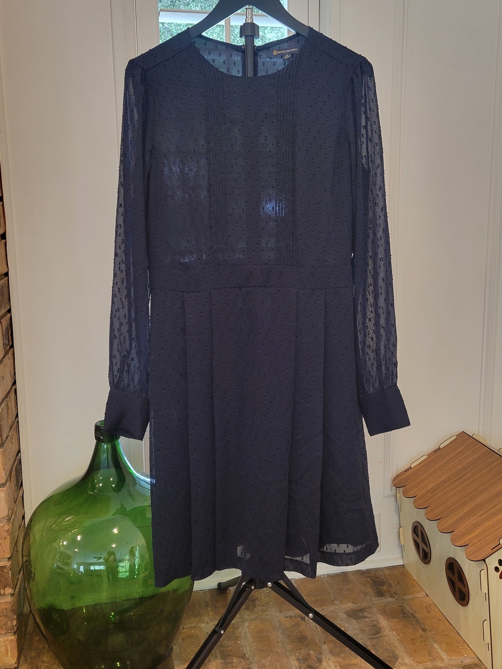 Navy Swiss Dot Long Sleeve Dress